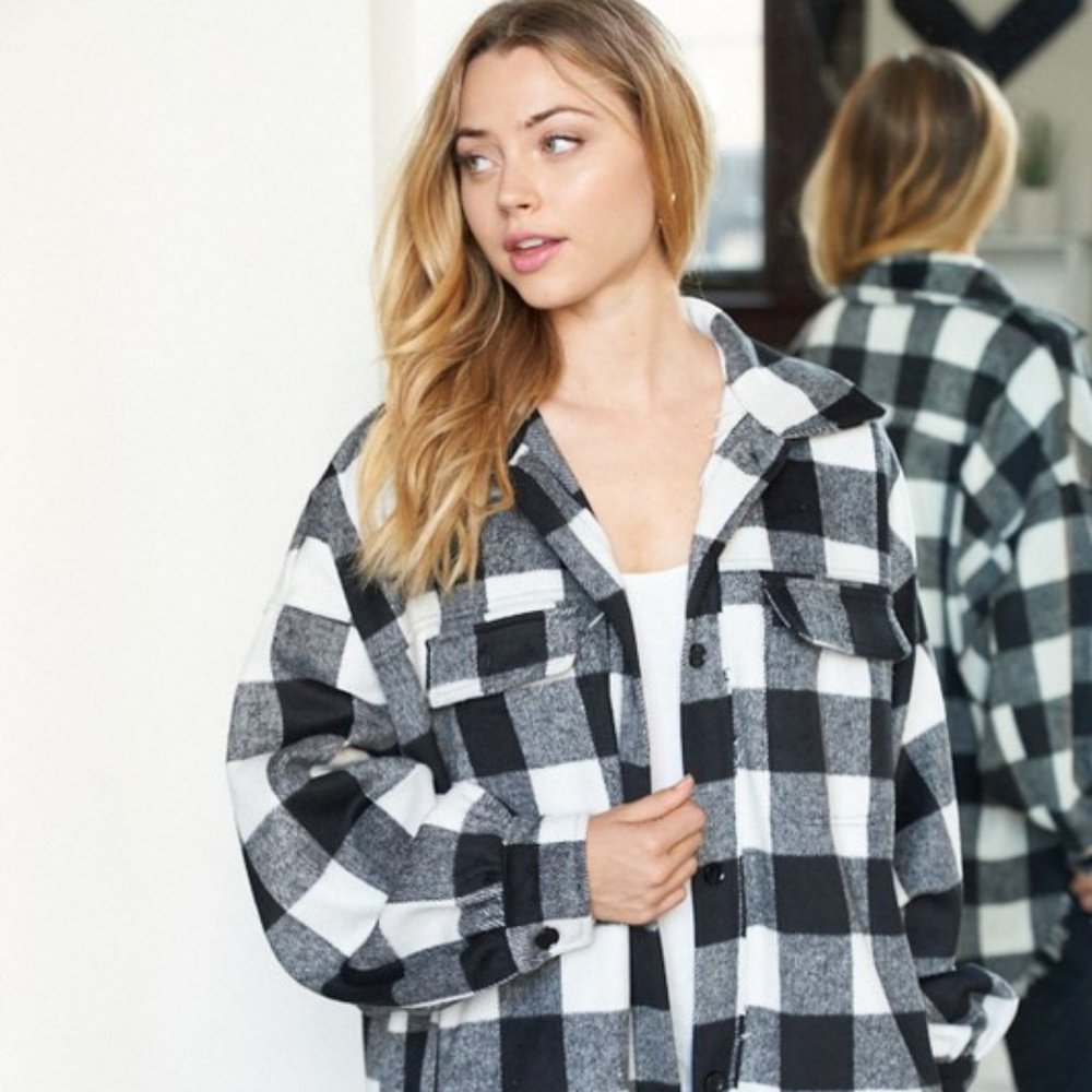 new WHITE BIRCH BUFFALO PLAID BLACK WHITE boho western SHAKET flannel SM-XXL - Picture 4 of 8